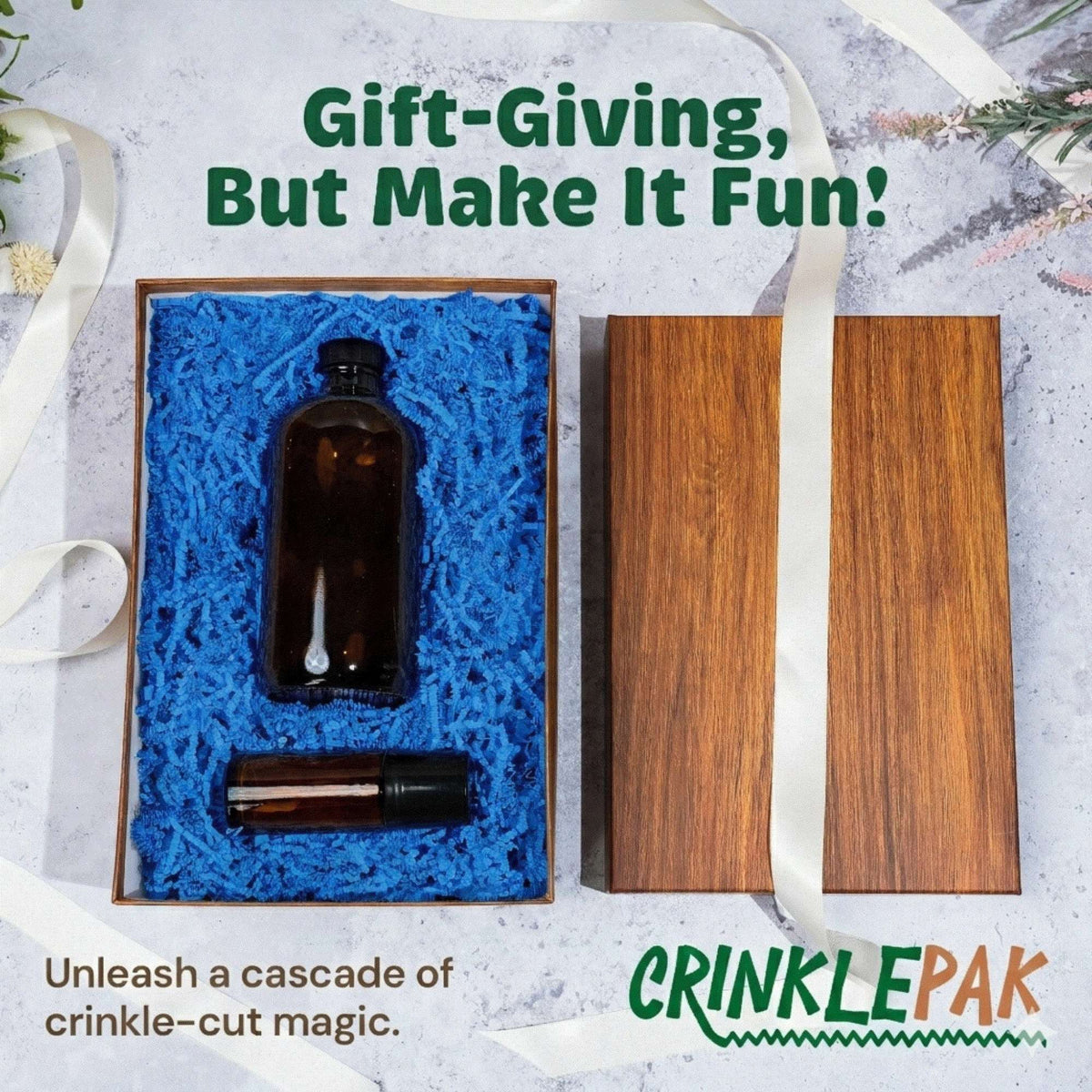 Light blue crinkle paper packaging presentation
