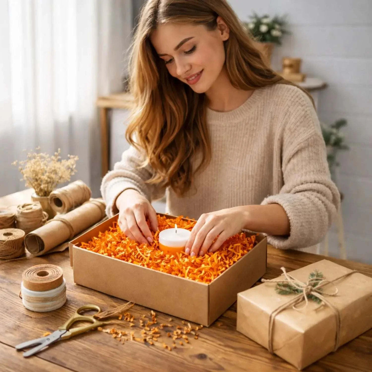 Orange crinkle paper packaging presentation