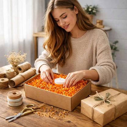Orange crinkle paper packaging presentation
