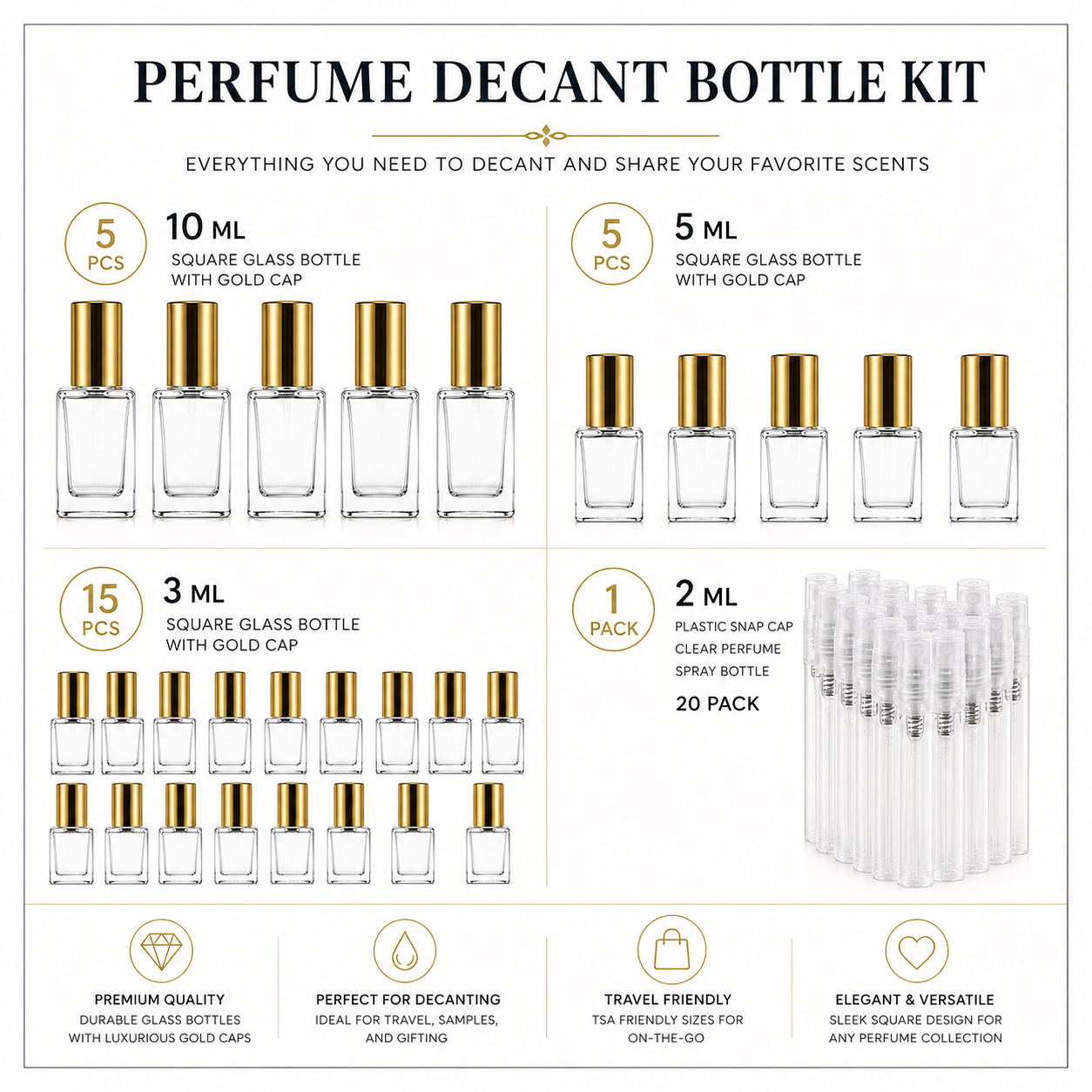 Perfume decant bottle bundle with gold cap glass bottles and clear 2 ML plastic spray bottles