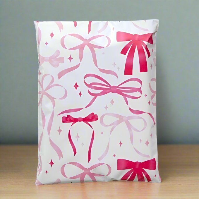 Pink bow 10 by 13 inch poly mailers