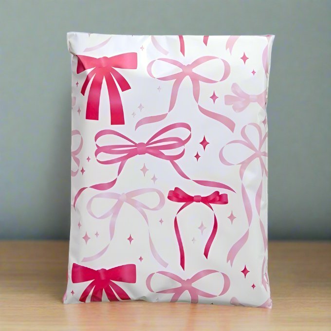 Pink bow 10 by 13 inch poly mailers