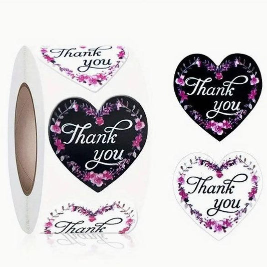 Pink floral heart-shaped 1.5-inch thank-you stickers