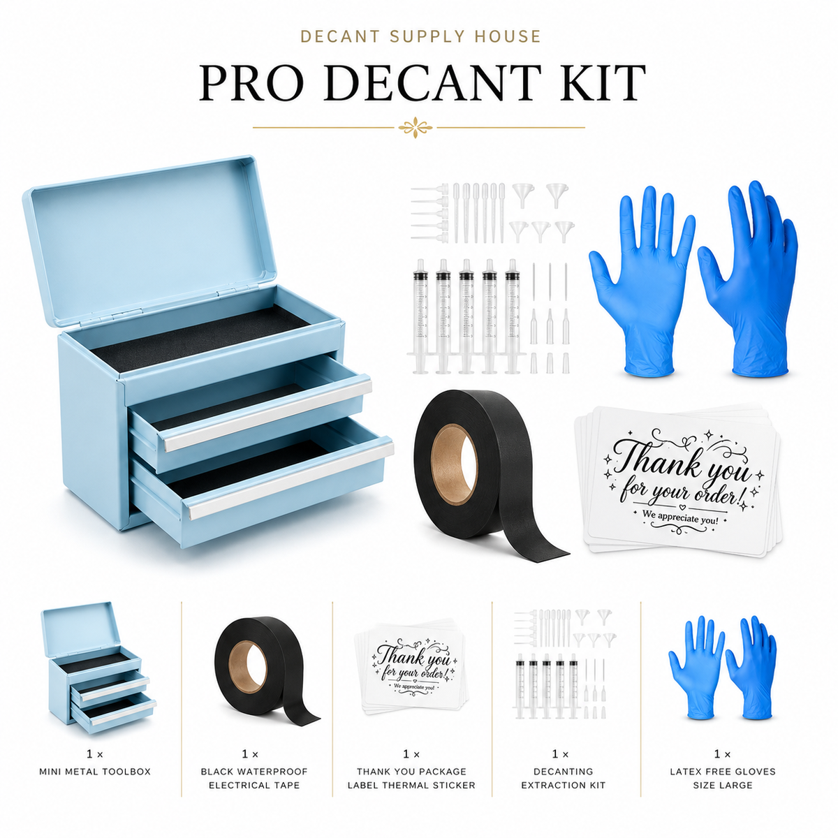 Professional perfume decanting kit with toolbox and supplies
