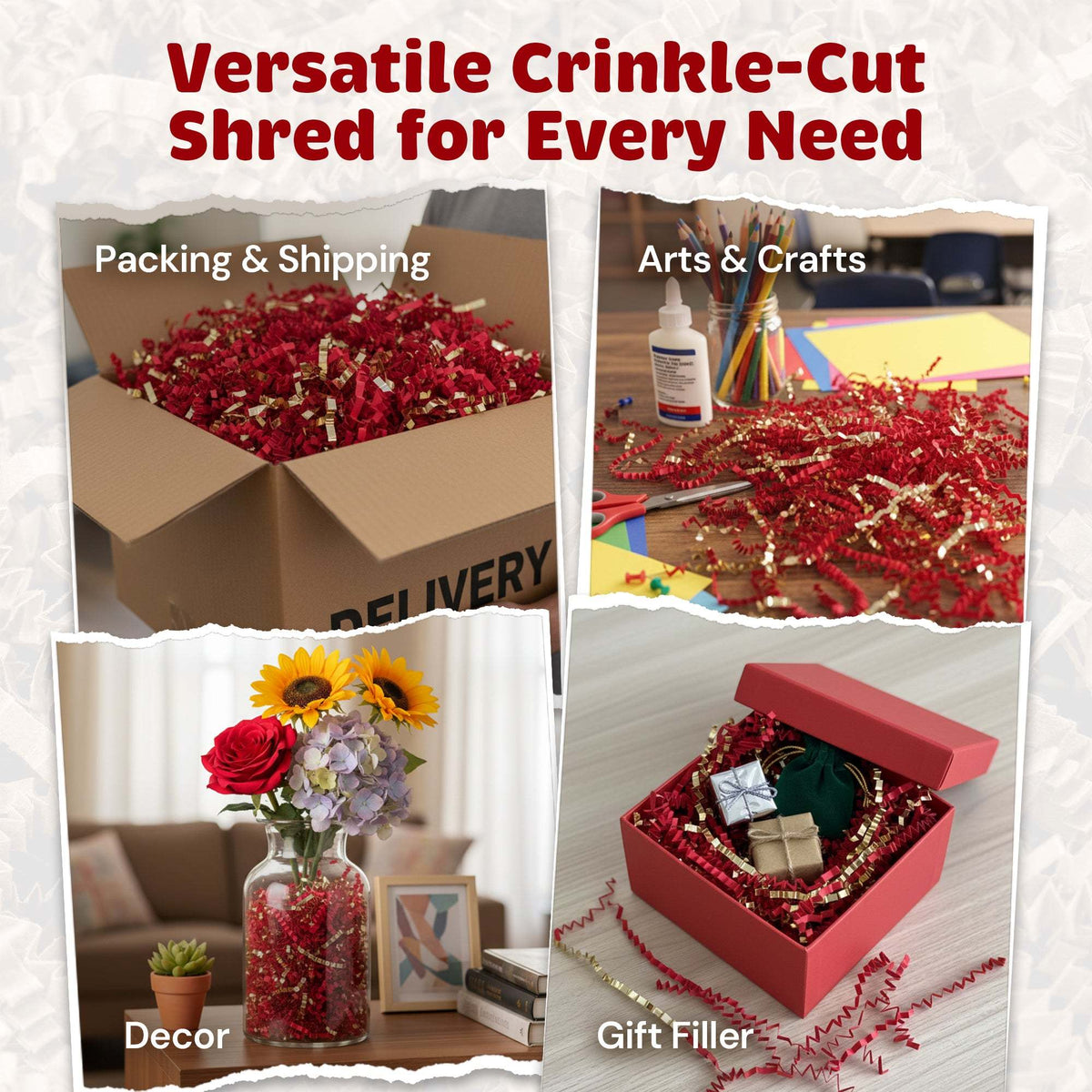 Red and gold metallic crinkle paper packaging presentation