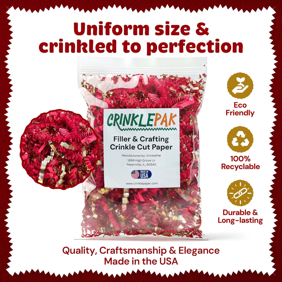 Red and gold metallic crinkle paper filler detail