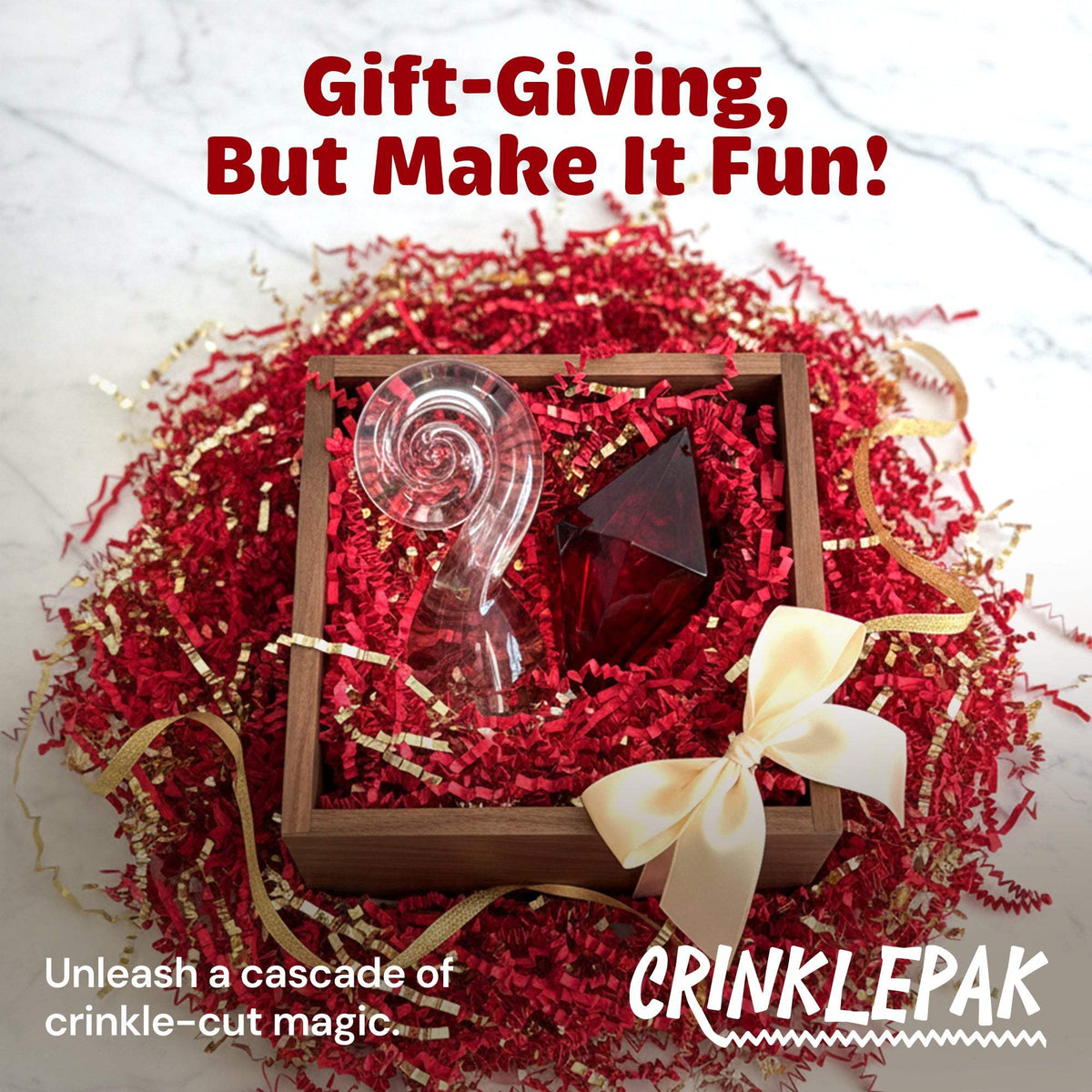 Red and gold metallic crinkle paper presentation example