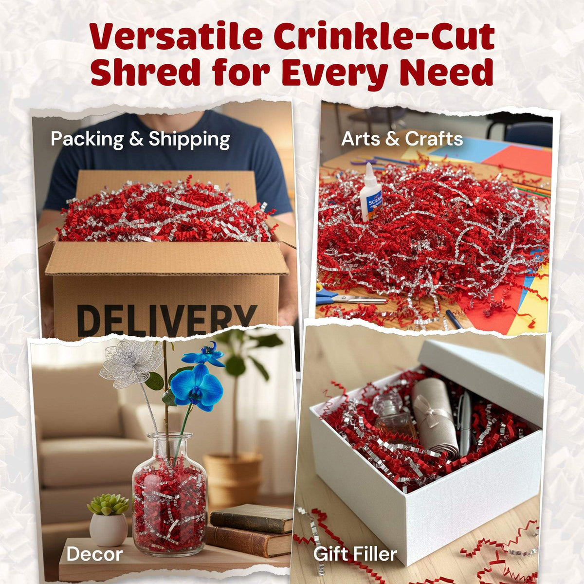 Red and silver metallic crinkle paper packaging presentation
