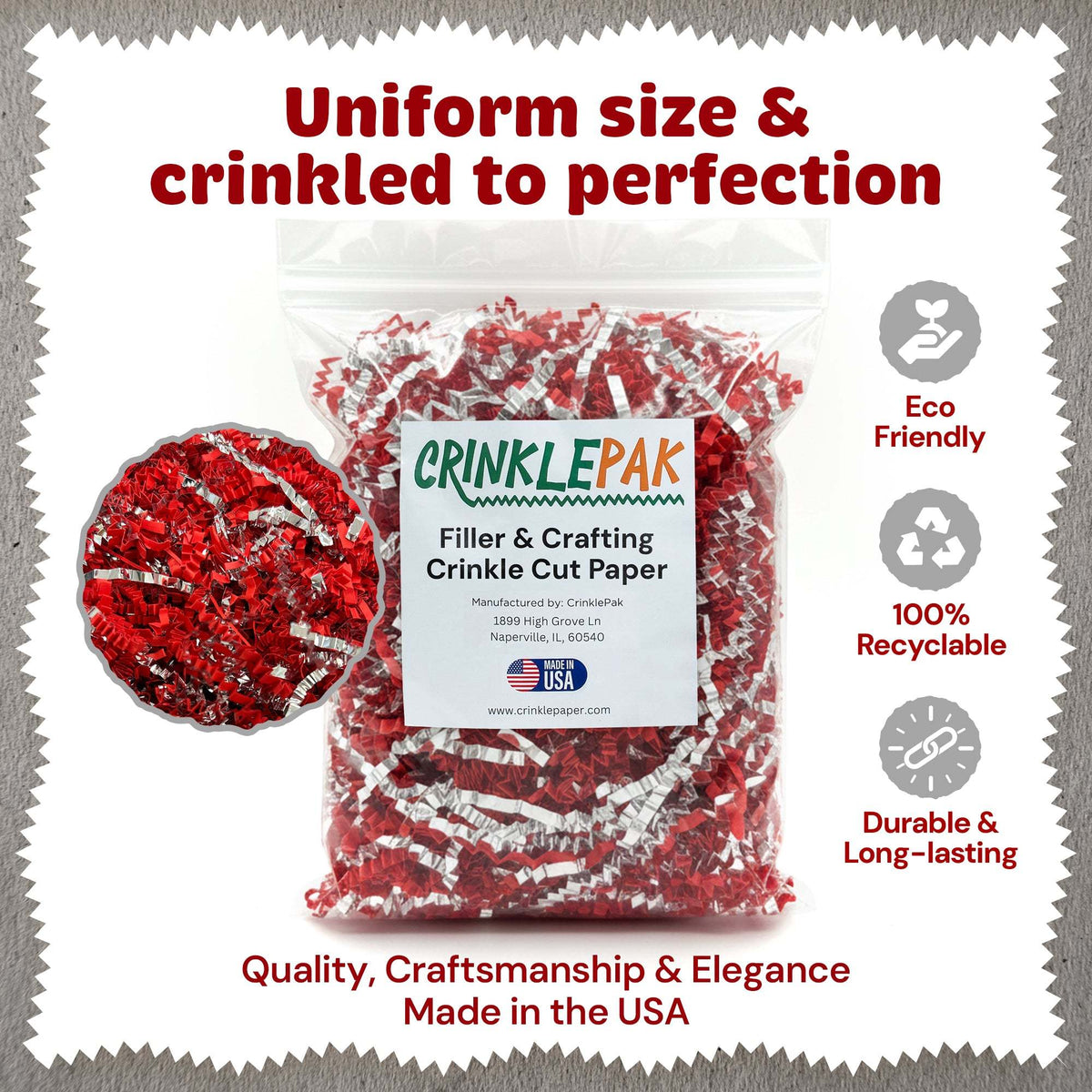 Red and silver metallic crinkle paper filler detail