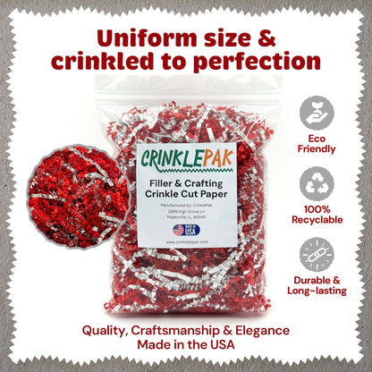 Red and silver metallic crinkle paper filler detail