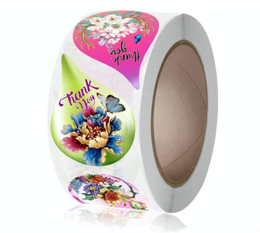 Pink and green water-drop floral thank-you stickers