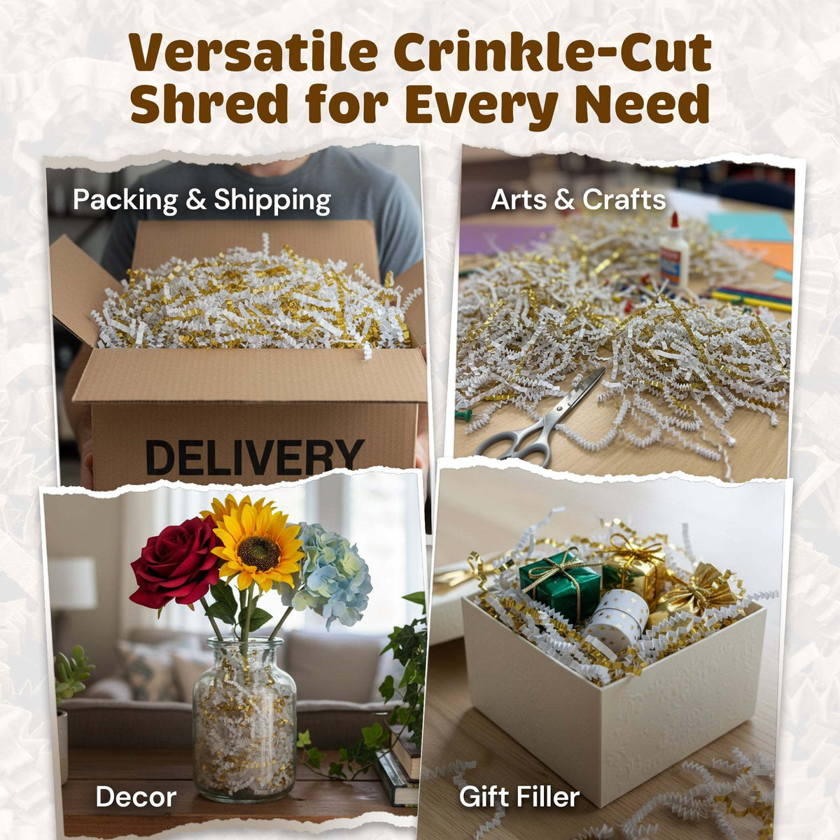 White and gold metallic crinkle paper packaging reference