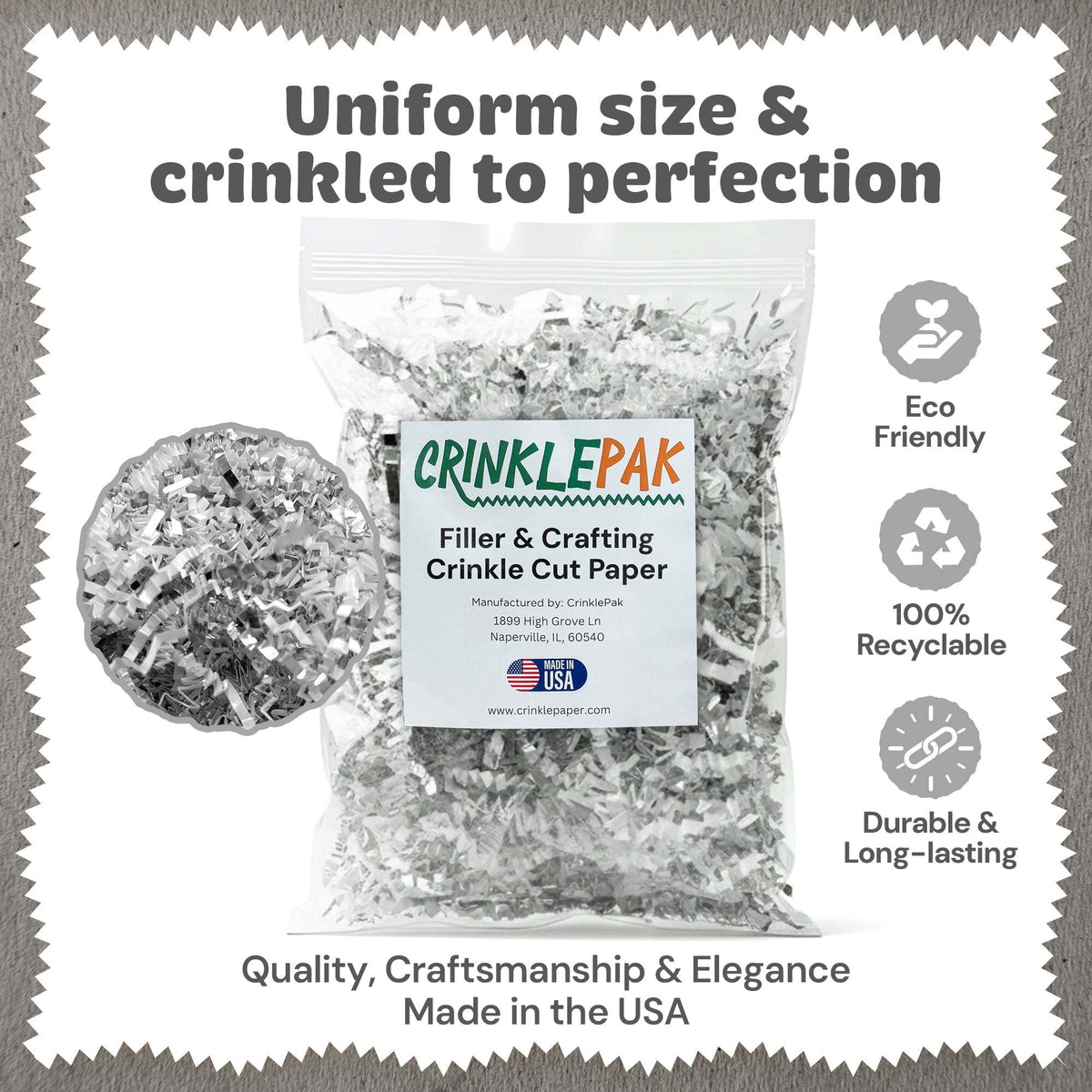 White and silver metallic crinkle paper packaging presentation