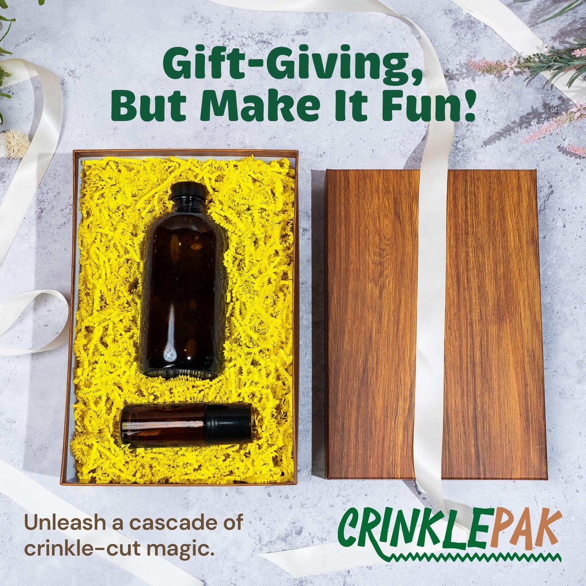 Yellow crinkle paper packaging presentation
